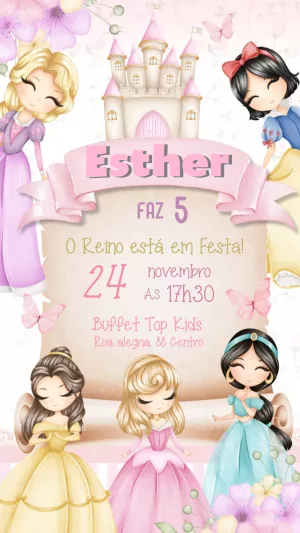 Convite de Aniversário Princesas Disney para Editar Online