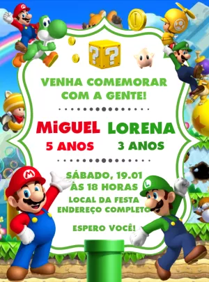 Convite Aniversário Duplo Mário e Luigi para Editar Online
