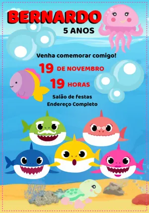 Convite Aniversário Baby Shark com Personagens para Editar Online