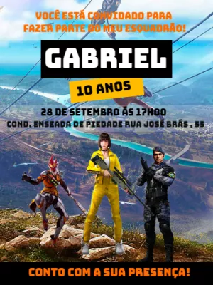 Convite Aniversário Free Fire com Personagens para Editar Online