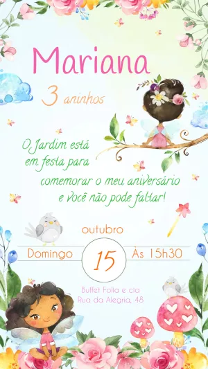 Convite Aniversário Jardim das Fadas Aquarela para Editar Online