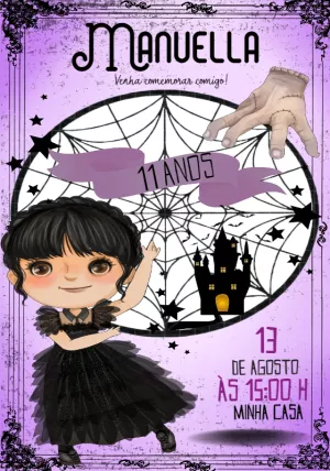 Convite Aniversário Wandinha Addams para Editar Online