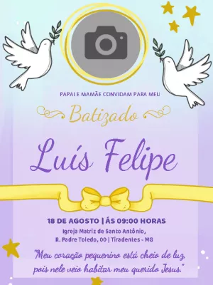 Convite de Batizado com Foto e Pombinhas para Editar Online