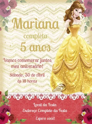 Convite de Aniversário Princesa Bela para Editar Online