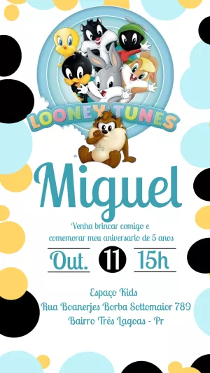 Convite Aniversário Looney Tunes Baby com Personagens para Editar