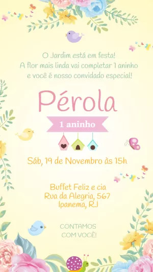 Convite Aniversário Jardim Encantado com Pássaros para Editar