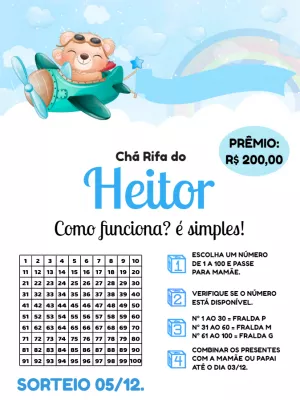 Chá Rifa Ursinho Aviador com Números para Editar Online