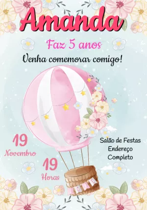 Convite Aniversário Balão Aquarela Floral para Editar Online