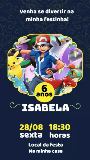 Convite de Aniversário Pokémon com Ash e Pikachu para Editar Online