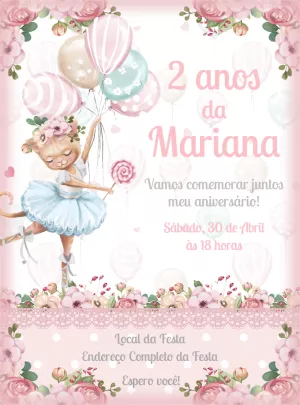 Convite Aniversário Bailarina Gatinha para Editar Online