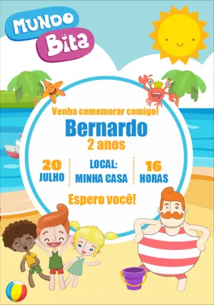 Convite Aniversário Mundo Bita Praia para Editar Online