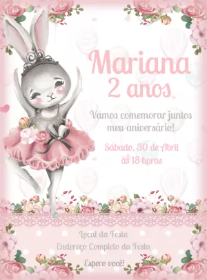 Convite Aniversário Coelha Bailarina para Editar Online