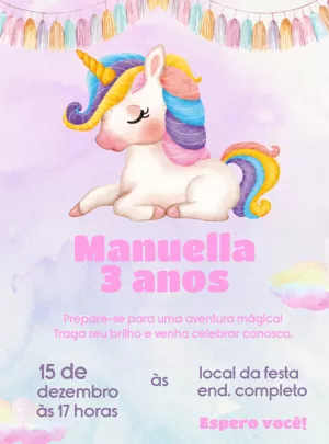 Convite Aniversário Unicórnio Colorido para Editar Online