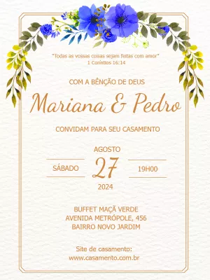 Convite de Casamento Floral Azul para Editar Online
