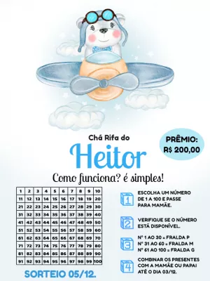 Convite Chá Rifa Ursinho Aviador para Editar e Imprimir