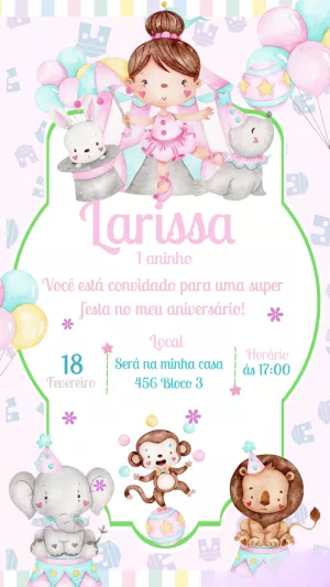 Convite Aniversário Circo Aquarela com Animais para Editar Online