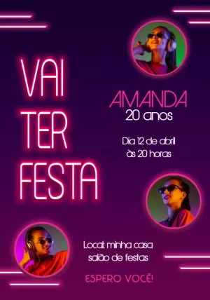 Convite de Aniversário Neon com Foto para Editar Online