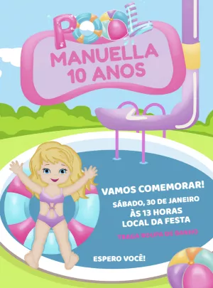 Convite Aniversário Pool Party Menina para Editar Online