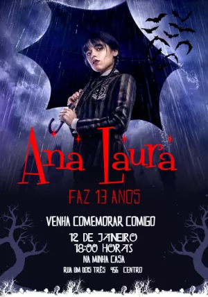 Convite de Aniversário Wandinha Addams para Editar Online