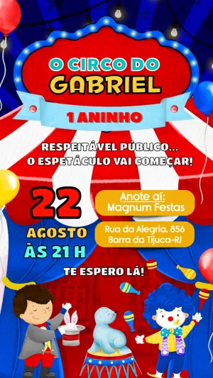 Convite de Aniversário Circo com Personagens para Editar Online