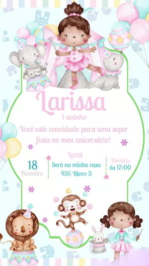 Convite de Aniversário Circo Aquarela Fofo para Editar Online