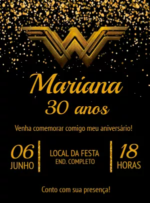 Convite Aniversário Mulher Maravilha Dourado para Editar Online