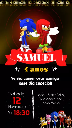 Convite de Aniversário Sonic e Knuckles para Editar Online
