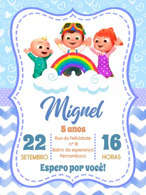 Convite de Aniversário Cocomelon com Personagens para Editar
