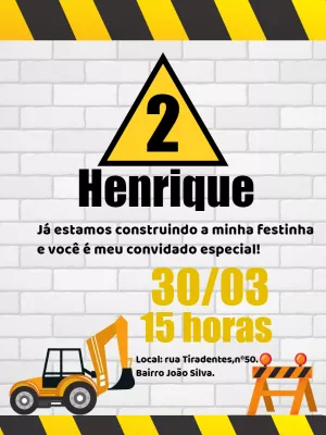 Convite de Aniversário Construção com Trator para Editar Online