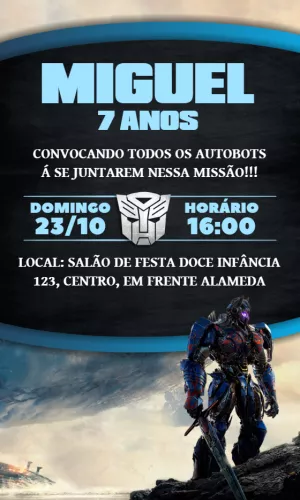 Convite Aniversário Transformers com Autobots para Editar Online