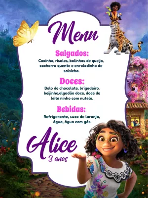 Menu Festa Encanto com Personagens para Editar Online