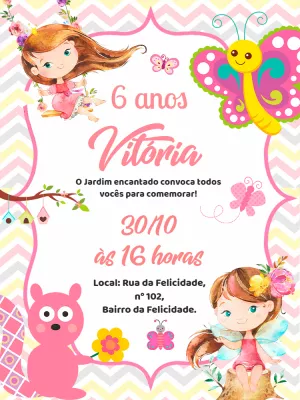 Convite Aniversário Jardim Encantado com Fadas para Editar Online