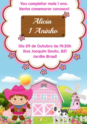 Convite Aniversário Fazendinha Rosa Menina para Editar Online