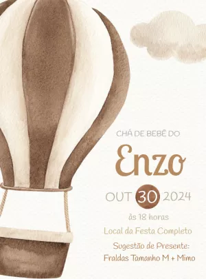 Convite Chá de Bebê Balão Aquarela para Editar Online