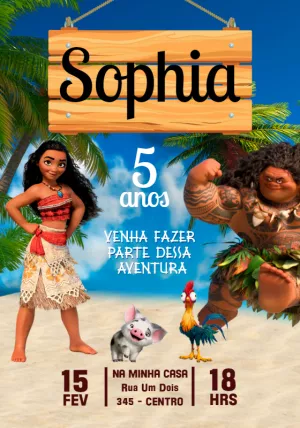 Convite de Aniversário Moana com Personagens para Editar Online