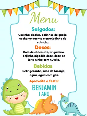 Menu de Aniversário Dinossauro Baby para Editar e Imprimir