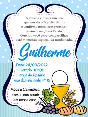 Convite Crisma Azul com Símbolos para Editar Online