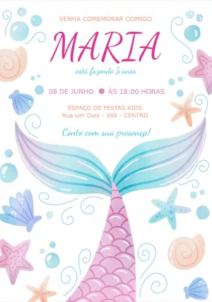 Convite de Aniversário Sereia Aquarela para Editar Online