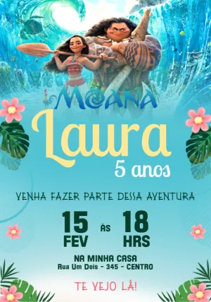 Convite Aniversário Moana com Personagens para Editar Online