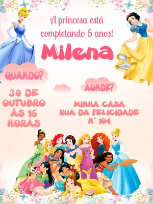Convite de Aniversário Princesas da Disney para Editar Online