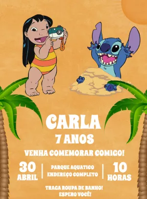 Convite Aniversário Lilo e Stitch Praia para Editar Online