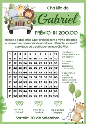 Rifa Chá de Bebê Safari com Animais para Editar Online