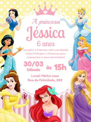 Convite Aniversário Princesas da Disney para Editar Online