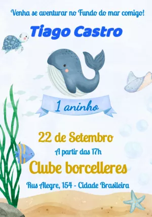 Convite de Aniversário Baleia Fundo do Mar para Editar Online