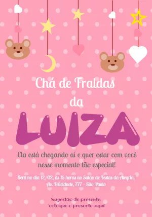 Convite Chá de Fraldas Ursinha Rosa para Editar Online