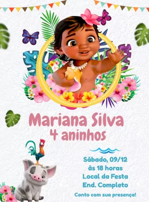Convite Aniversário Moana Baby Tropical para Editar Online
