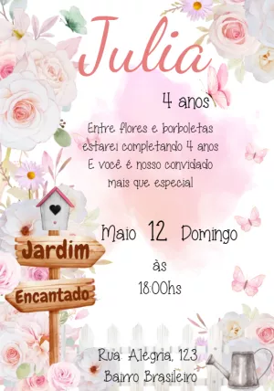 Convite Aniversário Jardim Encantado com Flores para Editar Online