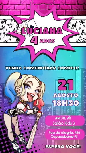 Convite de Aniversário Arlequina em Quadrinhos para Editar Online