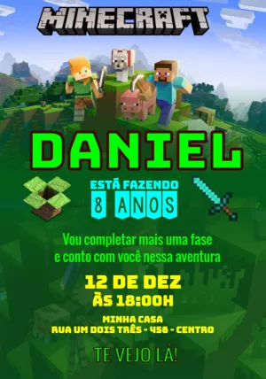 Convite Aniversário Minecraft com Personagens para Editar Online