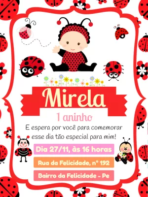 Convite de Aniversário Joaninha Fofa para Editar Online